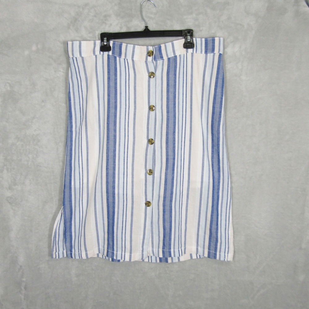 Dash XL Skirt Blue White Striped Button Front Linen Blend Casual Knee Length